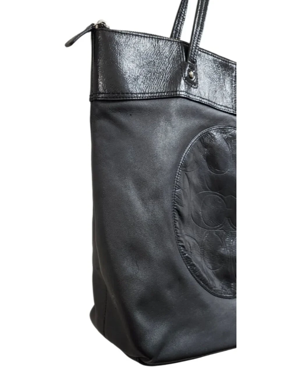 Coach Black Leather Tote Bag Large Signature Embossed Shoulder Bag Zip Top Class - Picture 6 of 13